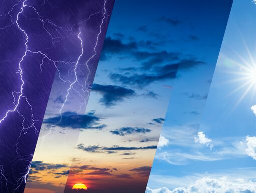 Weather forecast concept, climate change background, collage of sky image with variety weather conditions - bright sun and blue sky, dark stormy sky with lightnings, glowing sunset
