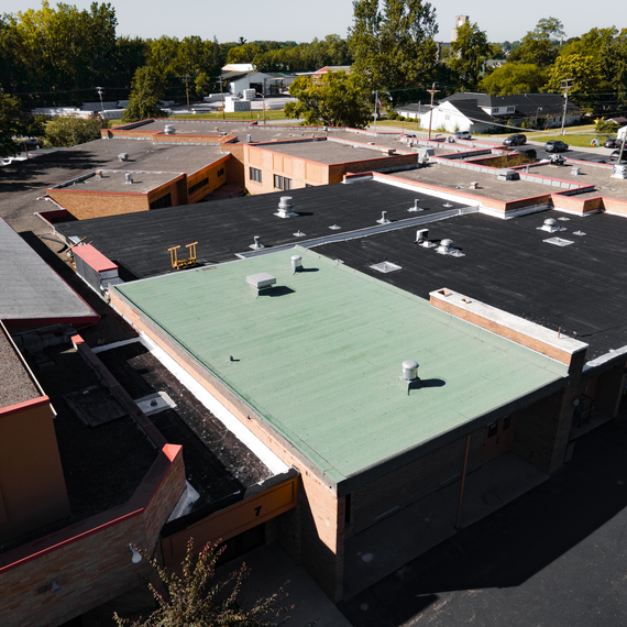 Drone install photos of the Mary Raber Elementary School in Columbia City, Indiana. Sept 2023 StressPly Legacy