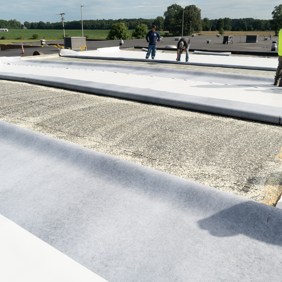 In-progress photos of KEE-Stone Hybrid system being installed at the Debalk Middle School in Waterloo, IN. Rep Austin Papenbrock. KEE-Stone FB 60 Rolls